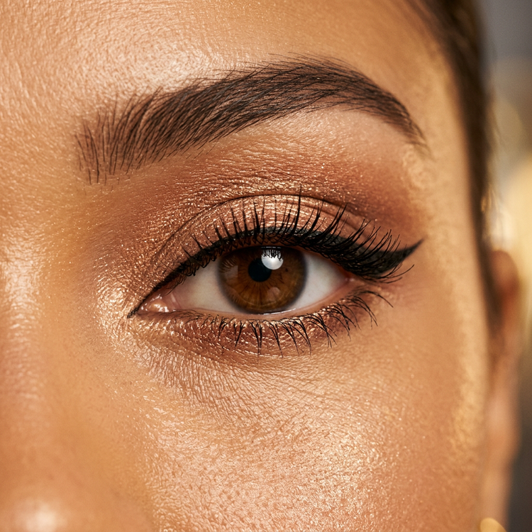 Close-up of an eye with long, defined mascara lashes and winged liner